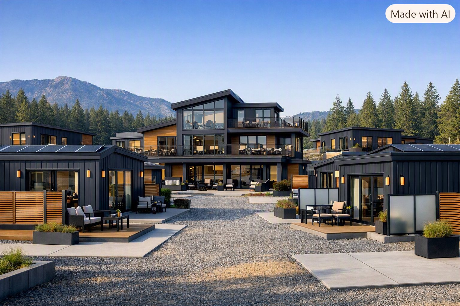 Homes and the common house against a Colorado mountain backdrop